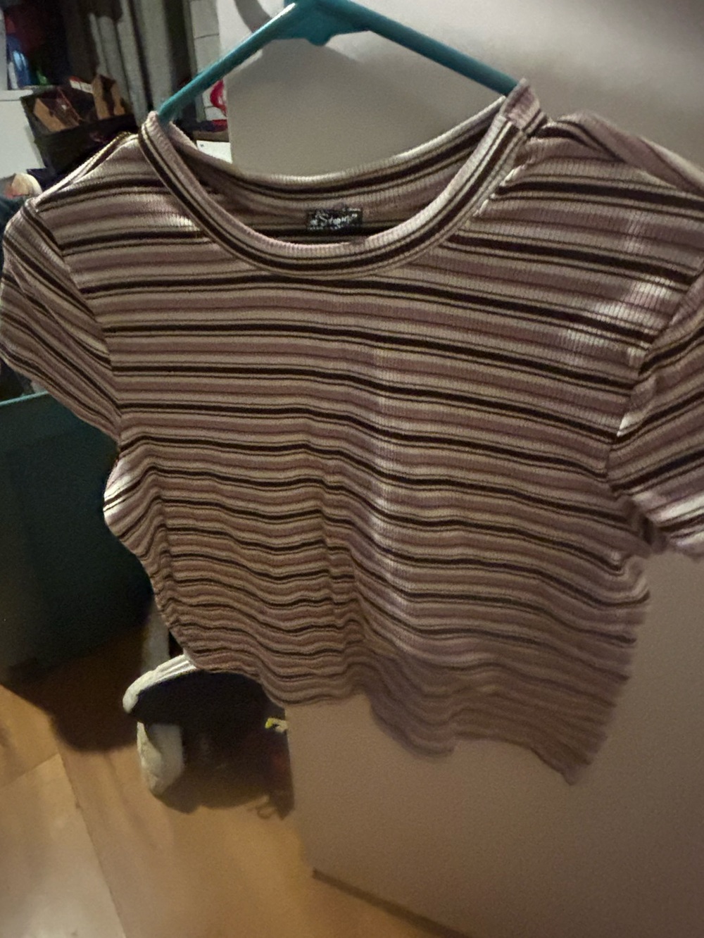Striped Short Sleeve Ribbed Tee in Taupe and lavender